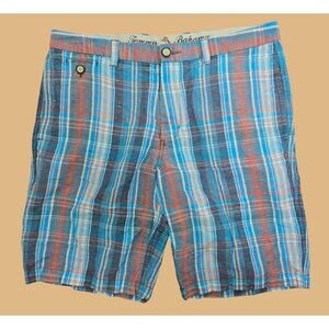 Tommy Bahama Mens Blue Plaid Linen Blend Shorts 32